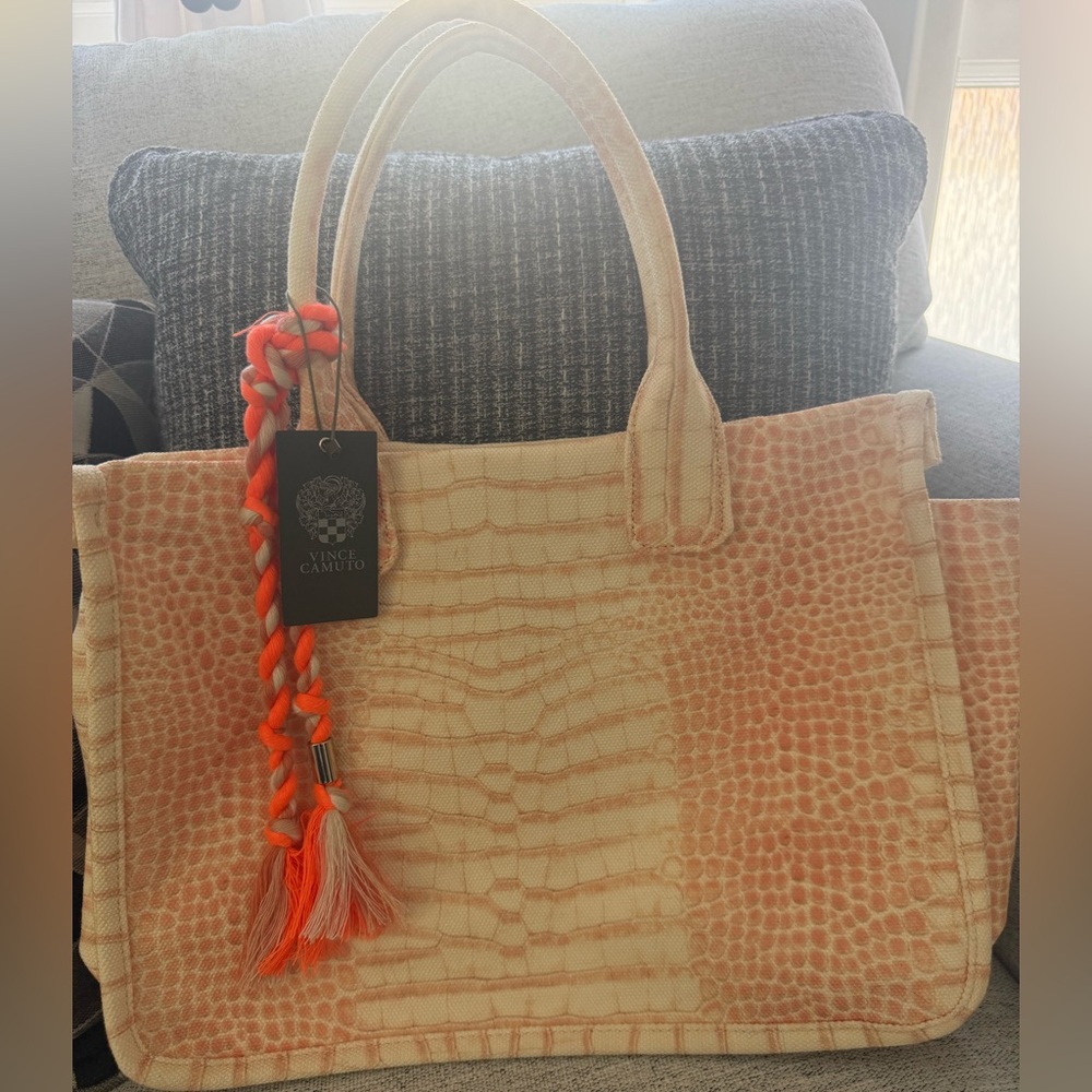 Vince Camuto Coral and Cream Textured Tote